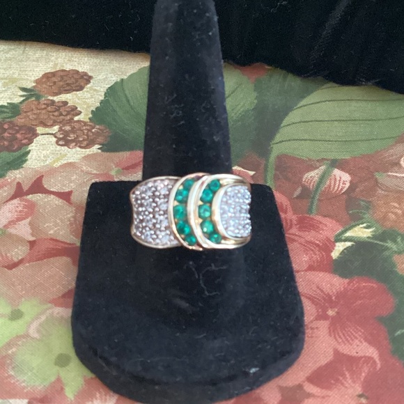 Technibond Gold Plated Green and Clear Crystals Ring - Picture 1 of 6